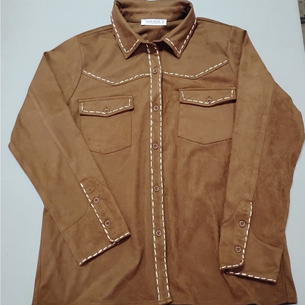 12th Tribe Faux Suede Western Button-Up Shirt Jacket Sz S - Picture 2 of 9